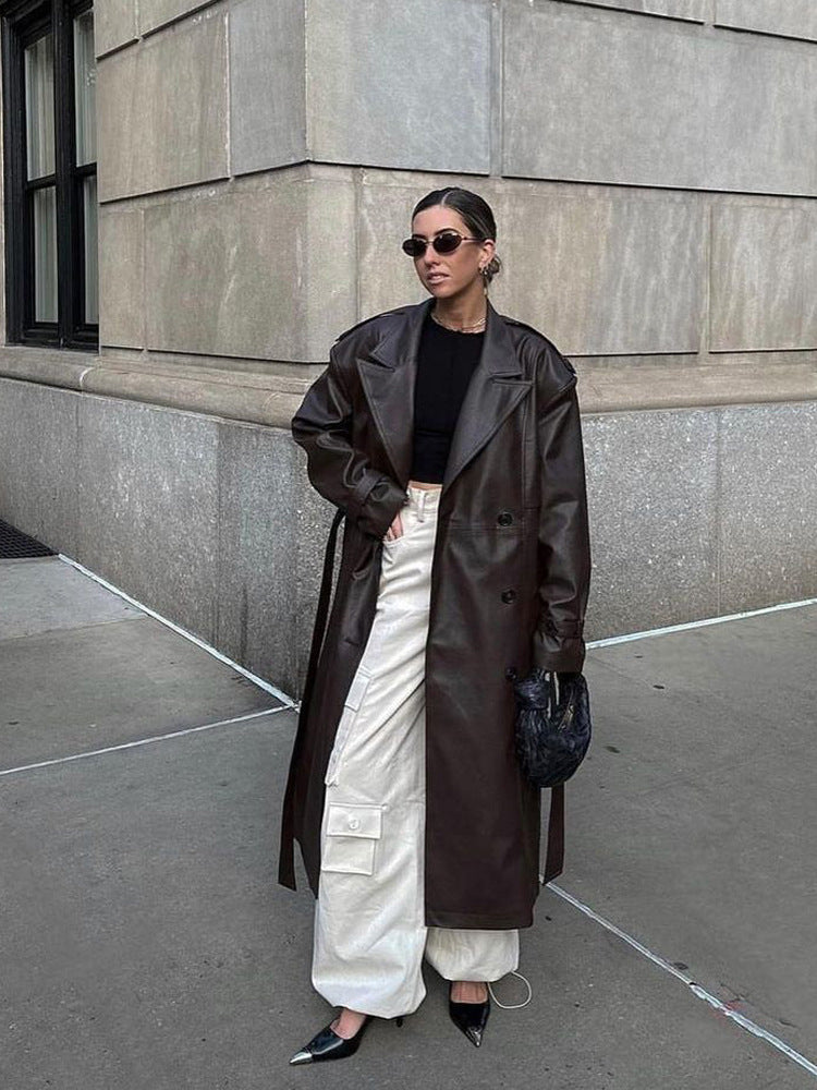 Damen Maxilanger Oversize Kunstleder-Trenchcoat mit weitem Revers und Taillengürtel Echoarchiv