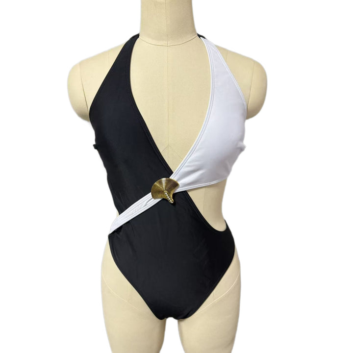 Damen Eleganter einteiliger Badeanzug mit asymmetrischem Design und goldener Schnalle Echo Archiv