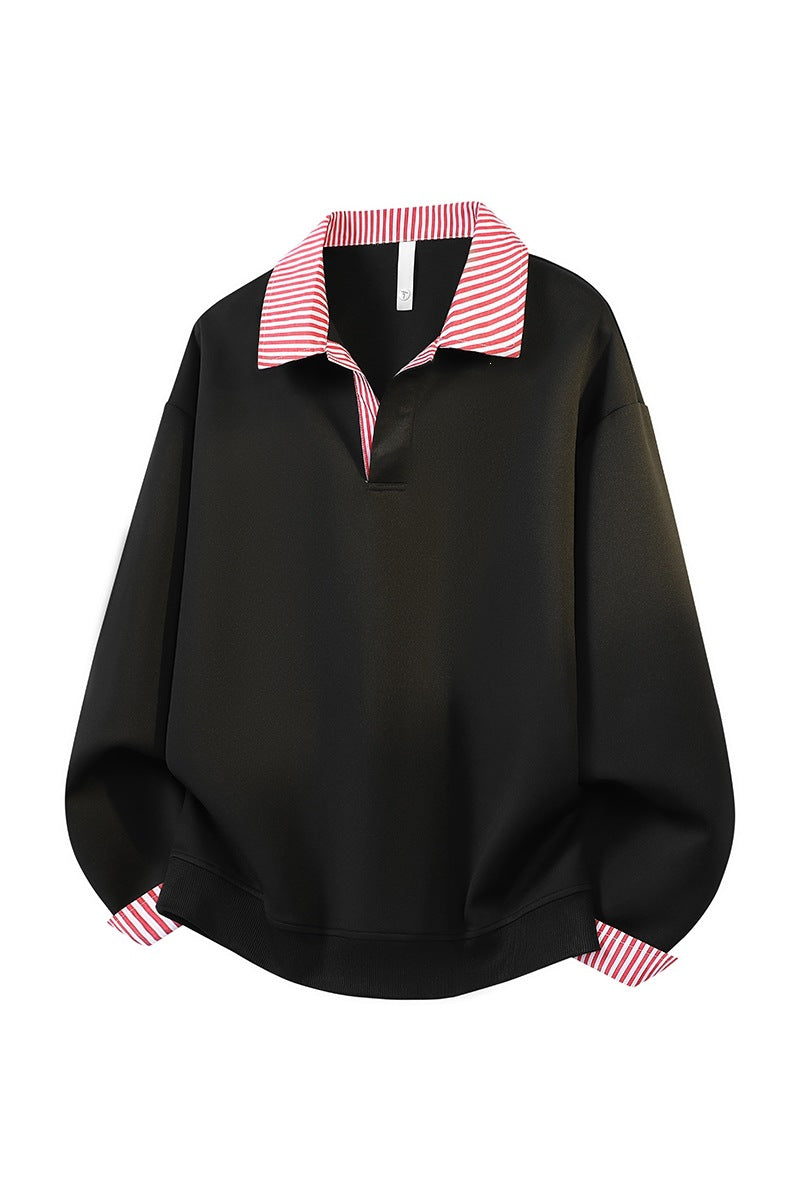 Damen Oversize-Polo-Sweatshirt mit Kontrastkragen & gestreiften Manschetten Echoarchiv