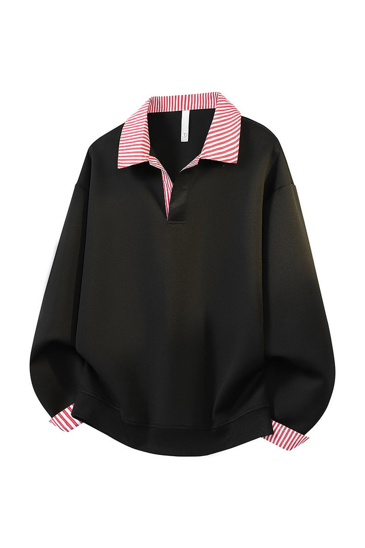Damen Oversize-Polo-Sweatshirt mit Kontrastkragen & gestreiften Manschetten Echoarchiv