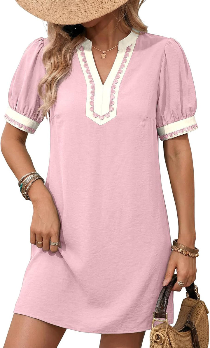 Damen Lockeres A-Linien Minikleid mit Puffärmeln, V‑Notch und kontrastierter Zierborte Echo Archiv