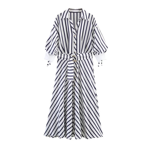 Damen Midi-Hemdblusenkleid mit diagonalen Streifen, tailliertem Bindegürtel und Ballonärmeln Echo Archiv