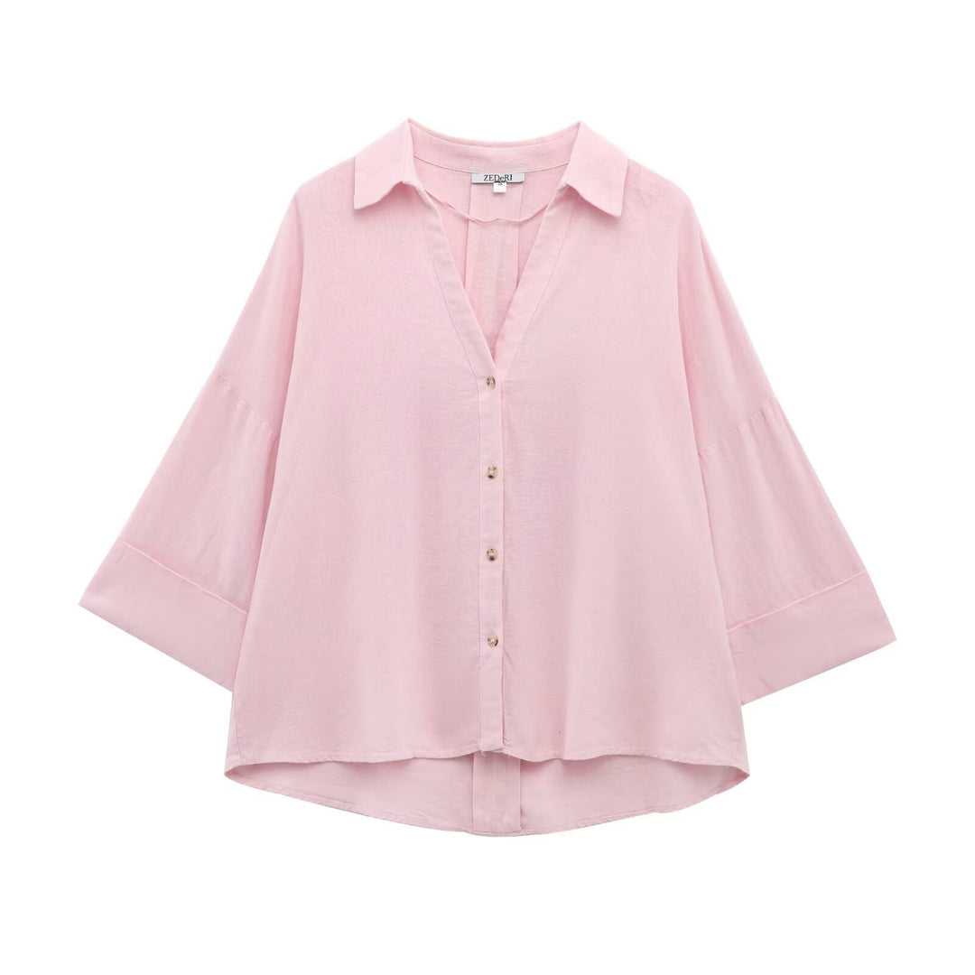 Damen Oversize Viskose-Hemdbluse mit dreiviertelärmeln und verlängertem Rückensaum Echo Archiv