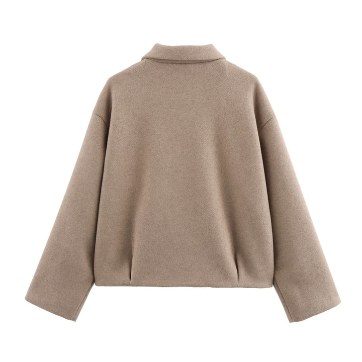 Damen kastig geschnittene Wolloptik-Übergangsjacke mit Hemdkragen und verdecktem Reißverschluss – Célinea