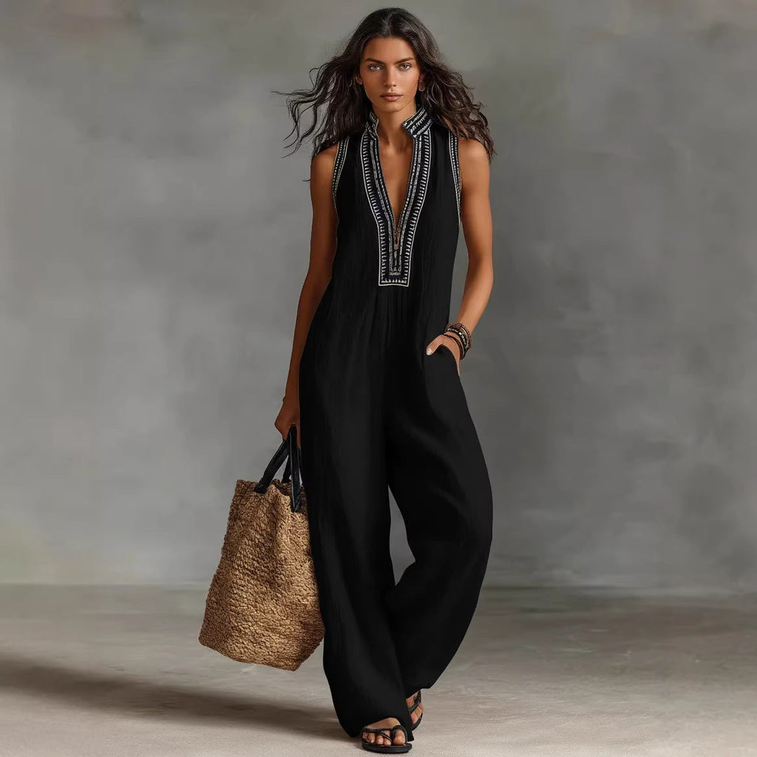Damen luftiger Jumpsuit mit elegantem V-Ausschnitt und besticktem Kragen Echoarchiv