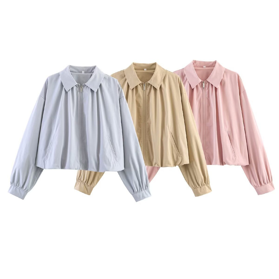 Damen Leichte Cropped Blouson-Jacke mit Hemdkragen, Reißverschluss und Gummizugsaum Echo Archiv
