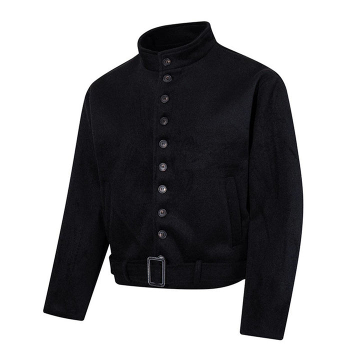 Herren Kurze Wollmix‑Jacke mit Stehkragen, durchgehender Knopfleiste und Taillengürtel Echoarchiv