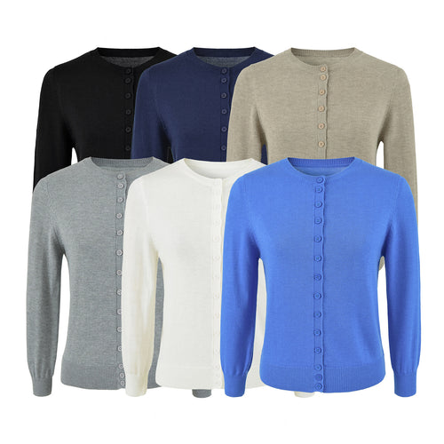 Damen Fein gestrickte Rundhals-Strickjacke mit Knopfleiste und Rippbündchen Echoarchiv