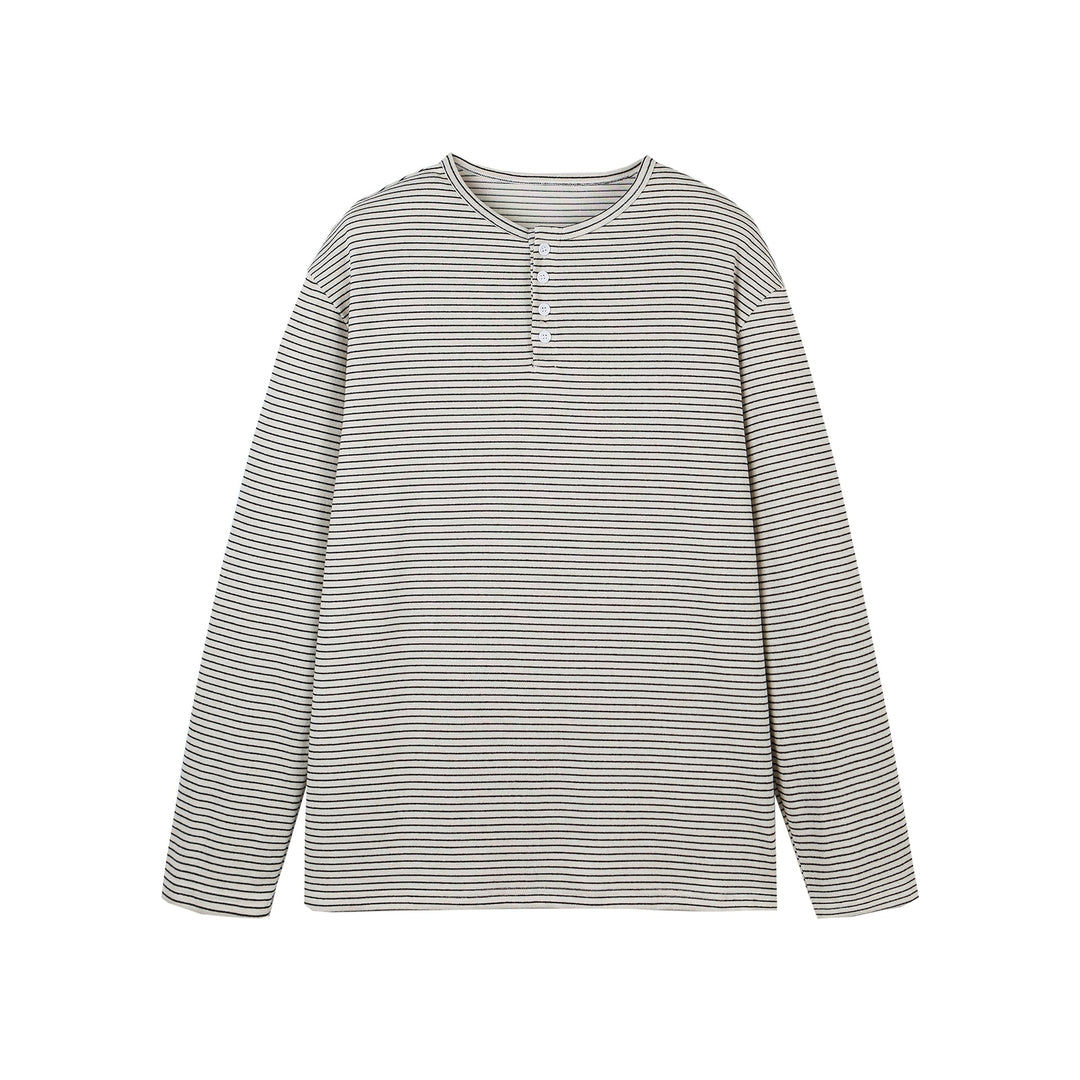Unisex Gestreiftes Henley-Langarmshirt mit Knopfleiste und Oversize-Schnitt Echoarchiv
