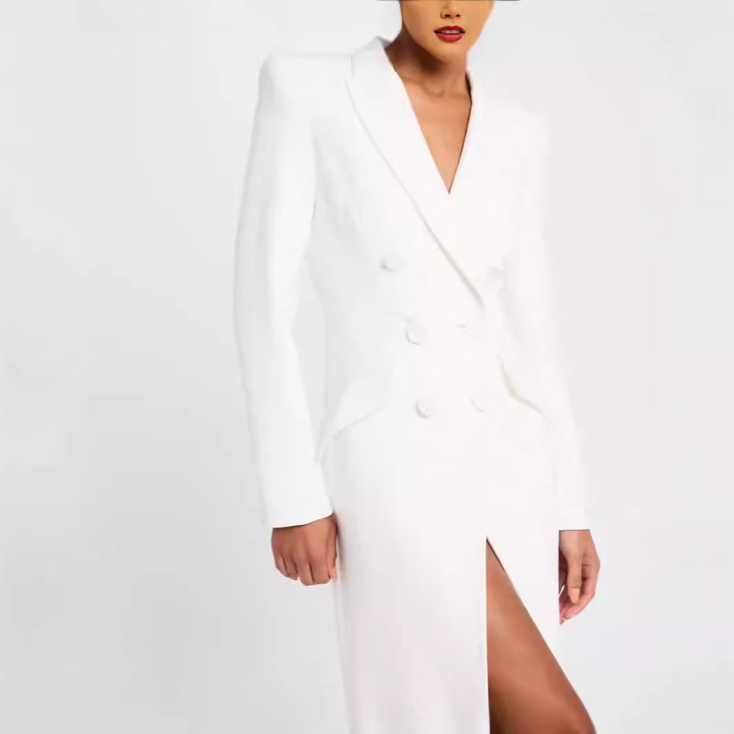 Damen Blazerkleid Maxikleid mit Doppelreiher, taillierter Silhouette und hohem Frontschlitz Echoarchiv