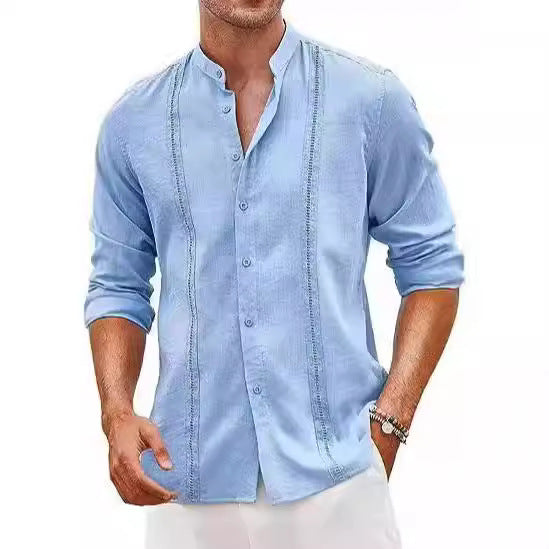 Herren Elegantes Langarmhemd mit Stehkragen und feinen Stickdetails Echoarchiv
