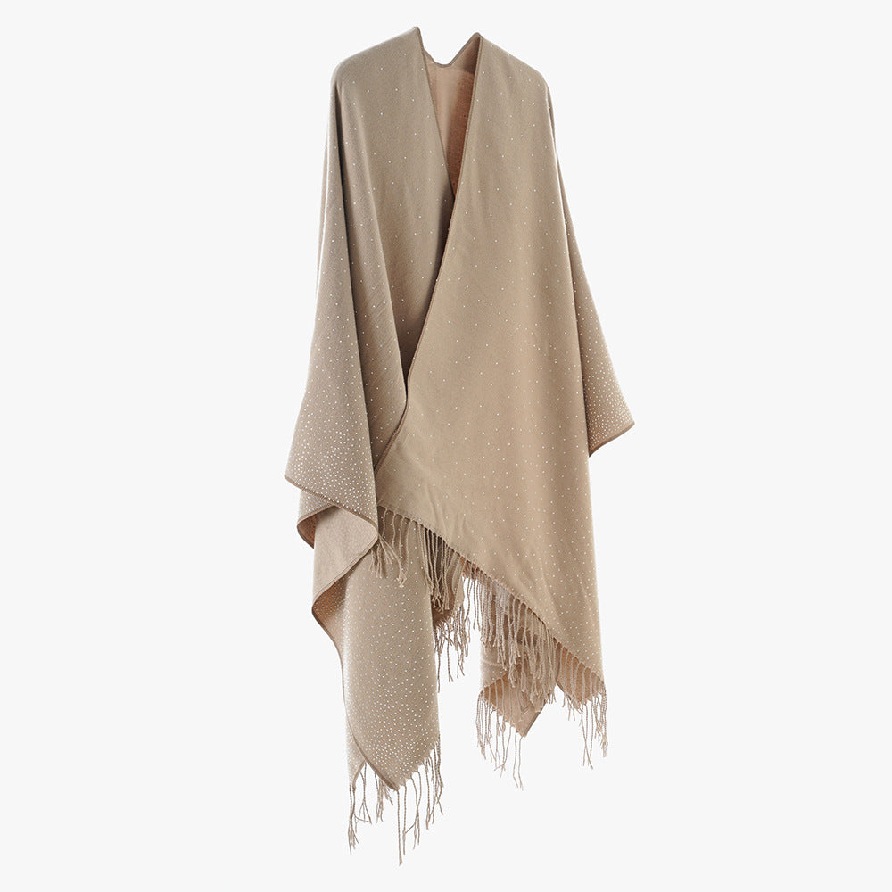Damen Strickponcho mit Fransen und dezentem Schimmerbesatz – Avérine