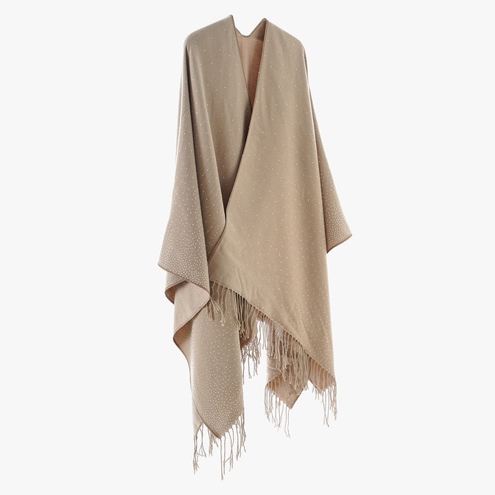 Damen Strickponcho mit Fransen und dezentem Schimmerbesatz – Avérine