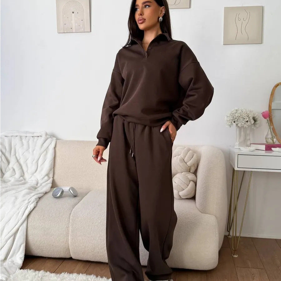 Damen weites Polo-Lounge-Set mit elastischem Tunnelzugbund und Wide‑Leg-Jogginghose – Avérine
