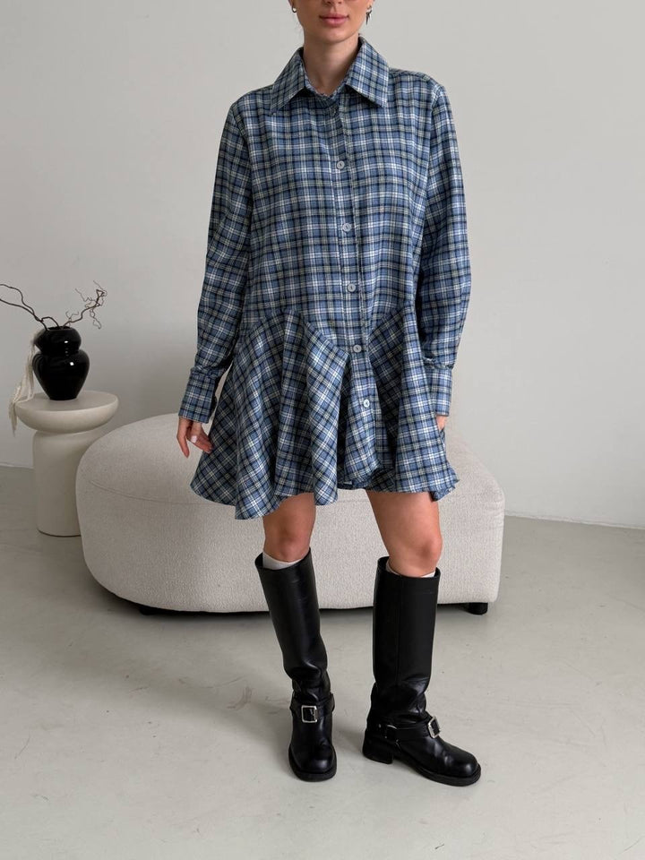 Damen Kariertes Hemdblusen-Minikleid mit ausgestellter Volant-Taille Echoarchiv