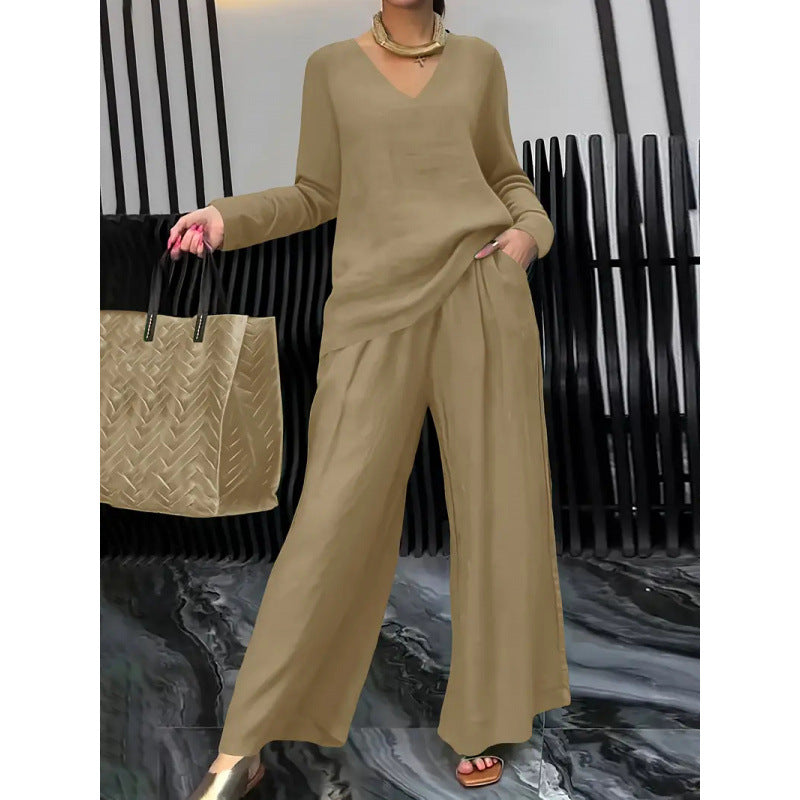 Damen Feiner V-Ausschnitt Strickpullover mit fließender Palazzo-Hose Echo Archiv