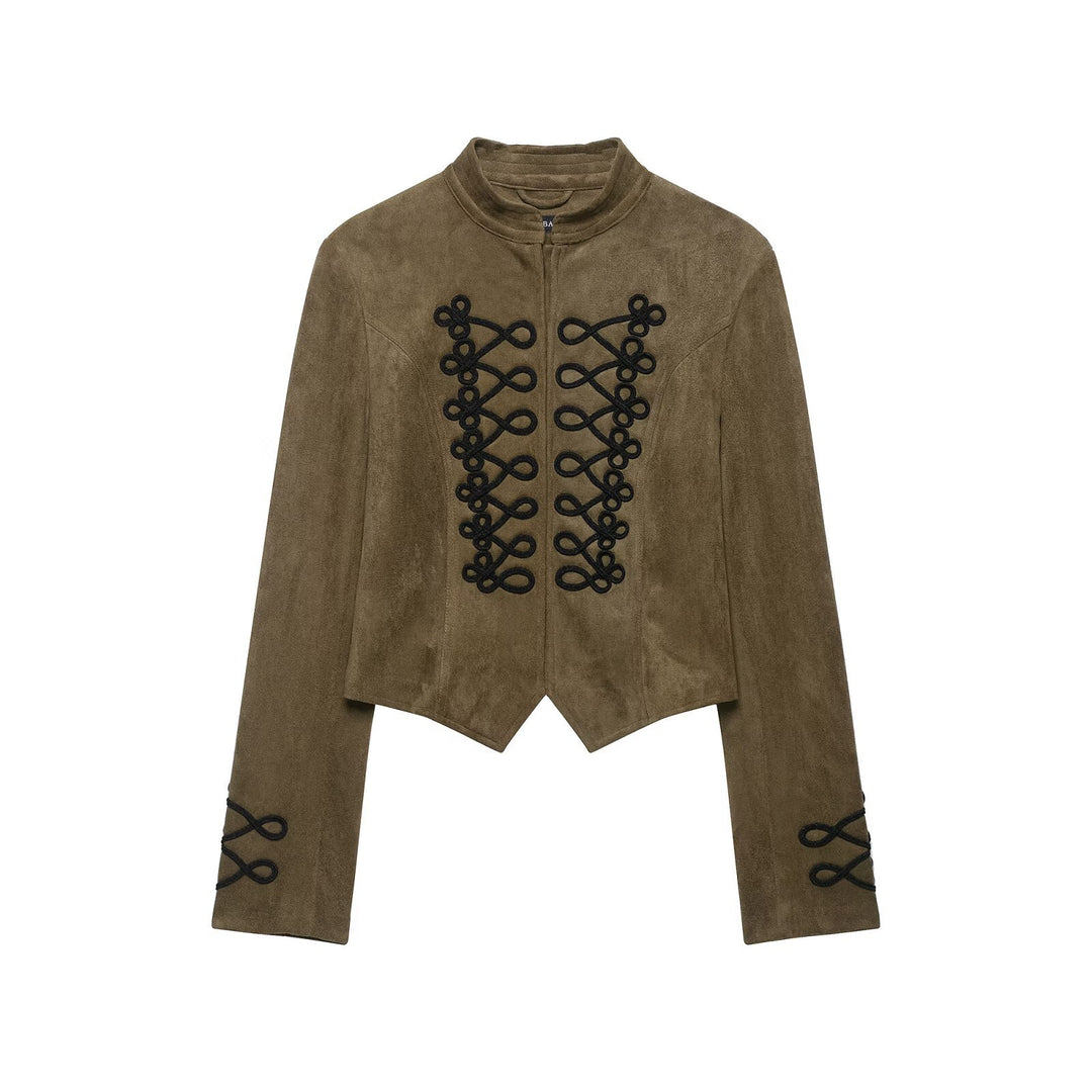 Damen Taillierter Cropped‑Veloursleder‑Blouson mit militärischer Kordelapplikation und Stehkragen Echo Archiv