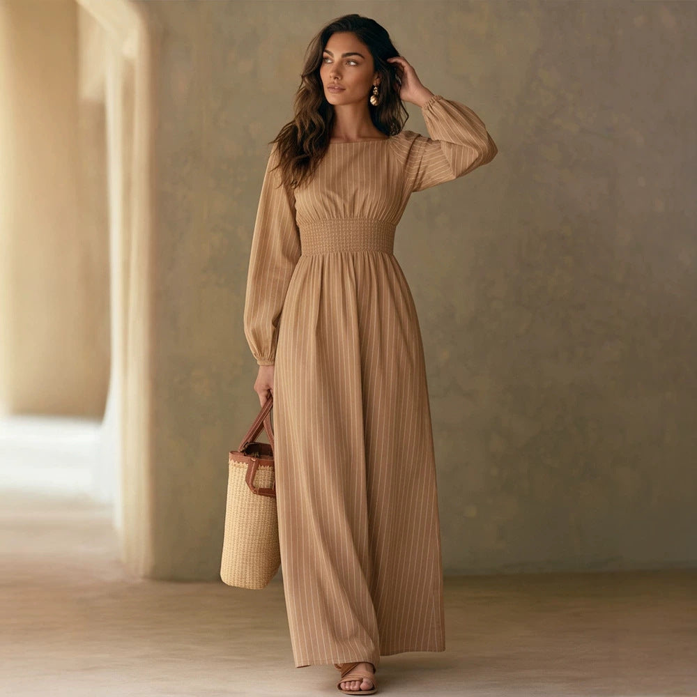 Damen Maxikleid mit Smok-Taillenband, Quadrat-Ausschnitt und langen Ballonärmeln Echoarchiv