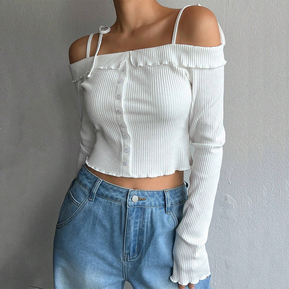 Damen geripptes schulterfreies Langarm-Cropped-Top mit Knopfleiste und Rüschensaum – Avérine