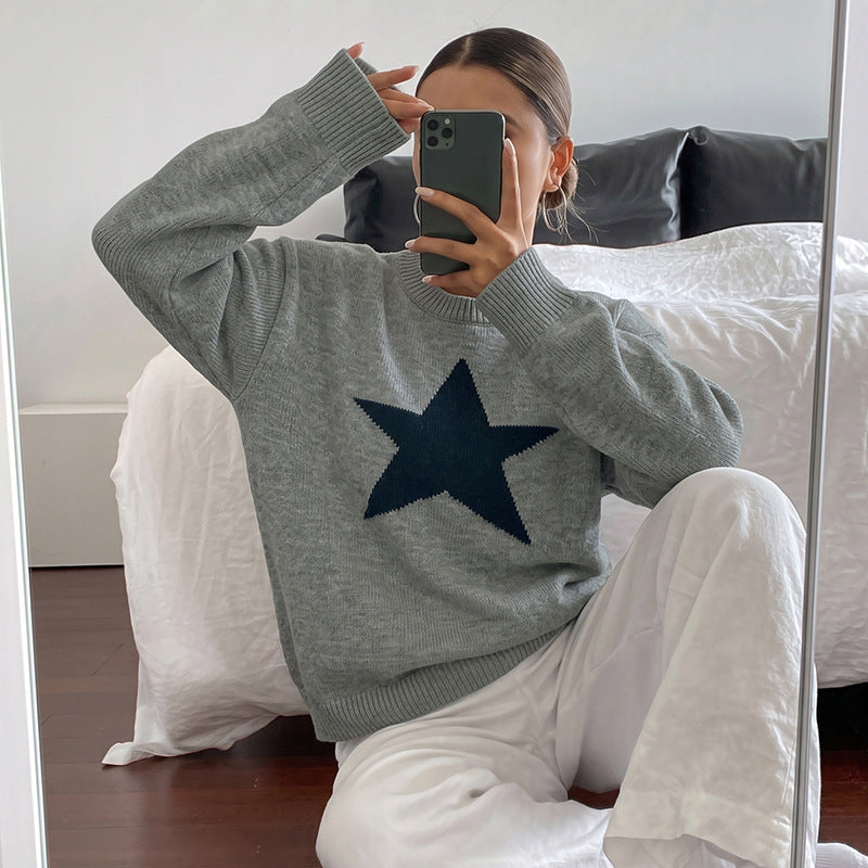 Damen Relaxed-Strickpullover mit Stern-Intarsie, Rundhalsausschnitt & lässigem Sitz Echoarchiv