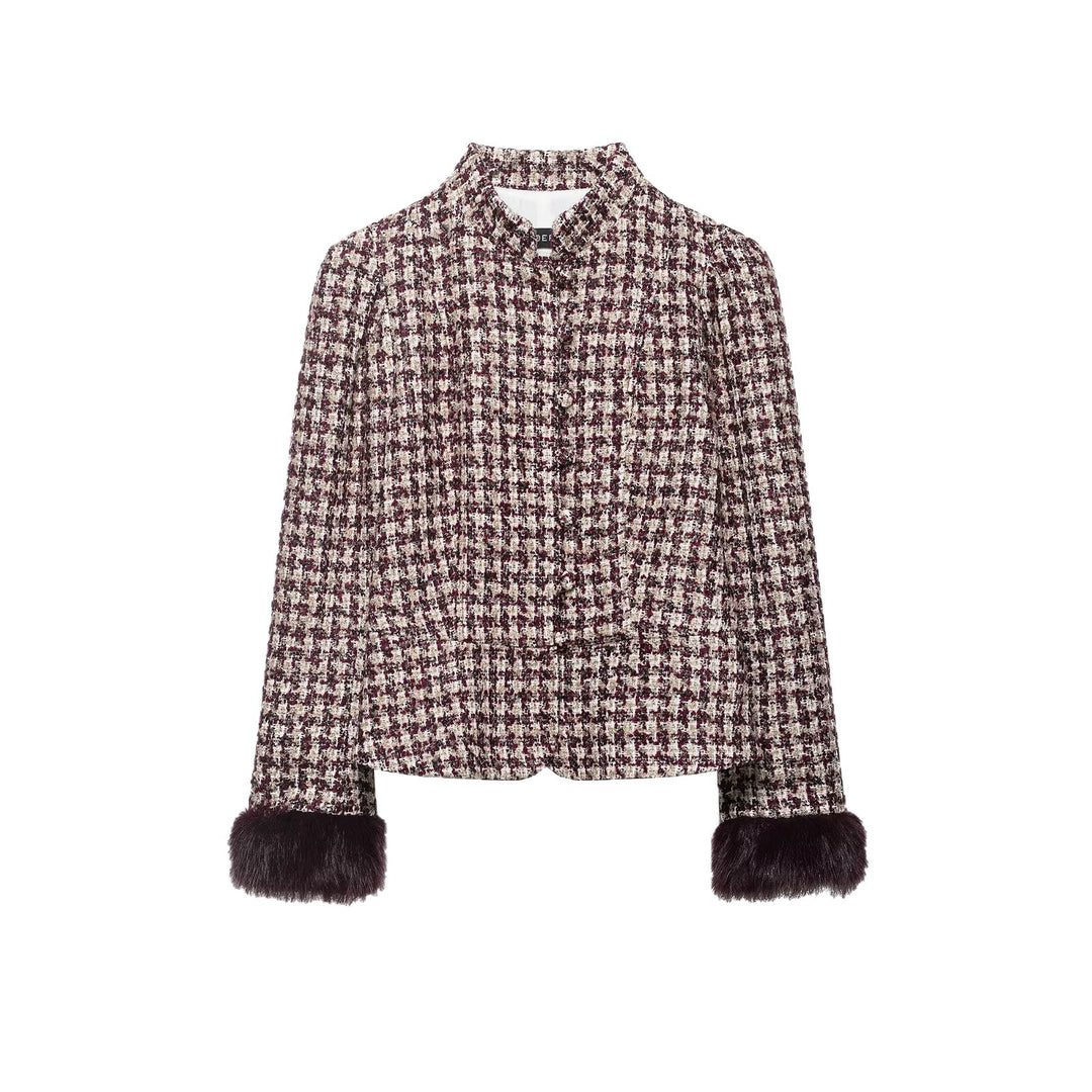 Damen Kurz geschnittene Bouclé‑Tweedjacke mit Stehkragen und Kunstfellmanschetten Echoarchiv