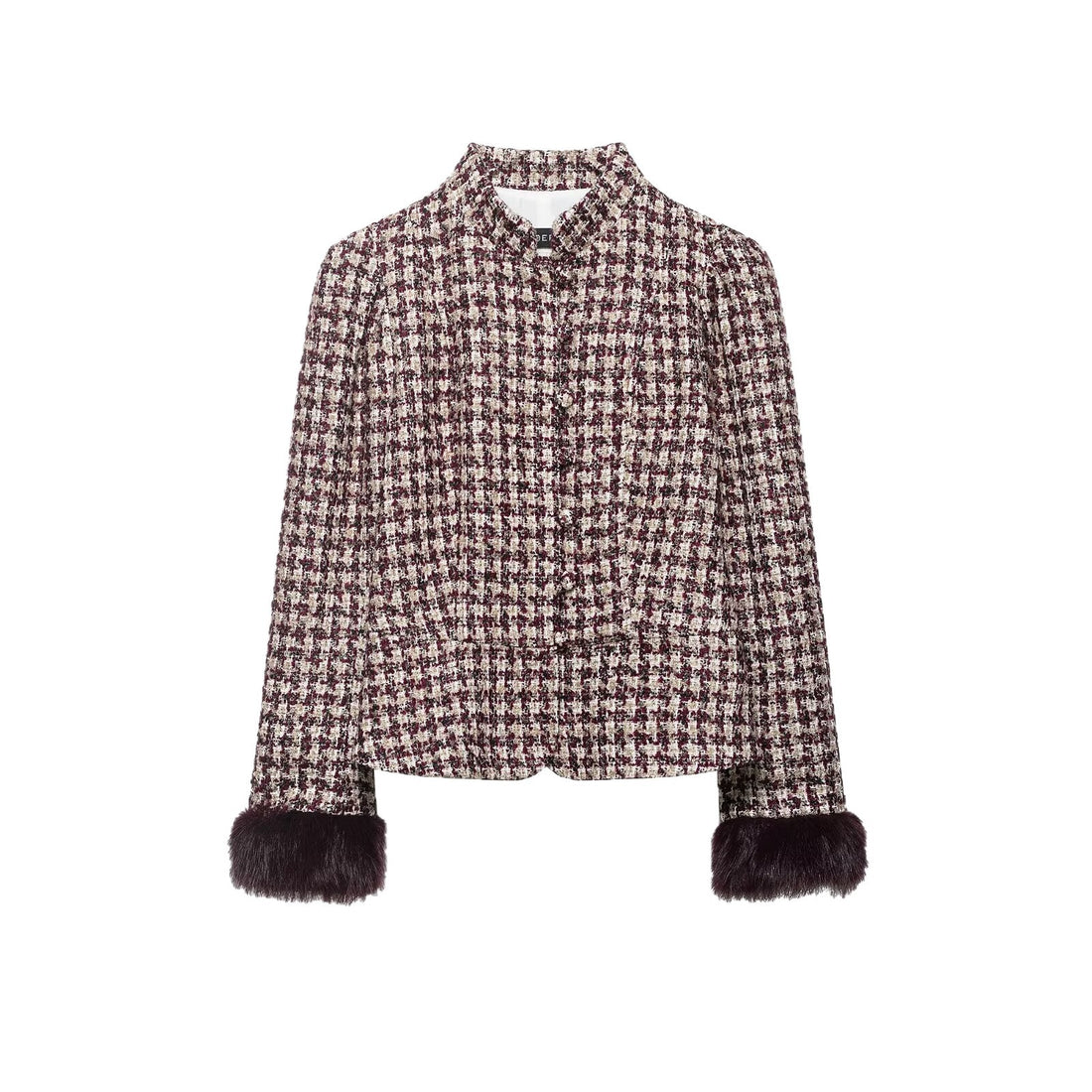 Damen Kurz geschnittene Bouclé‑Tweedjacke mit Stehkragen und Kunstfellmanschetten Echoarchiv