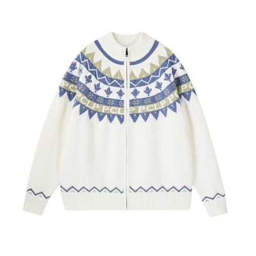 Damen Lässige Strick-Zipjacke mit Jacquard-Yoke und Rippbündchen Echoarchiv