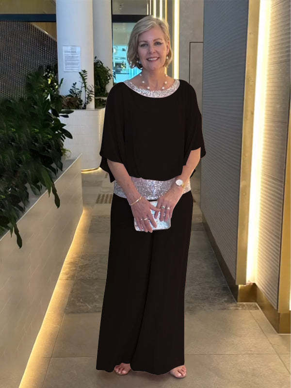 Damen Elegantes Abendzweiteiler mit Chiffon-Cape und Palazzo‑Hose Echoarchiv