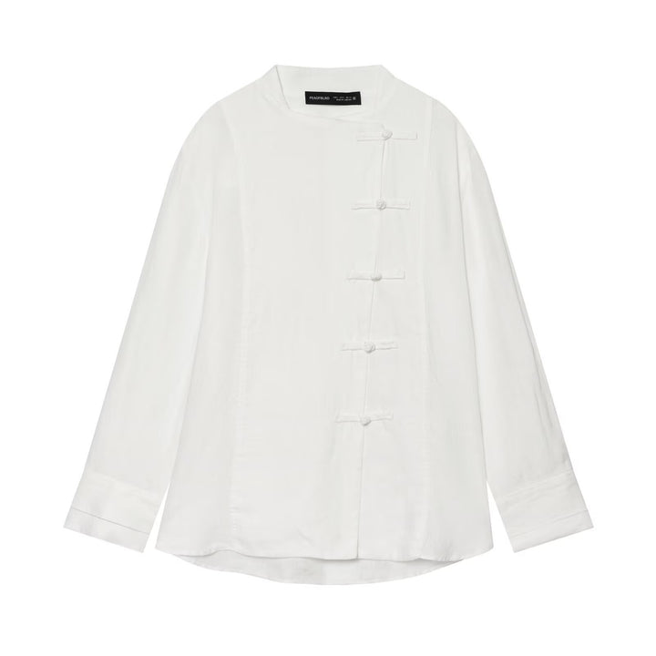 Damen Oversize Leinenbluse mit Stehkragen und chinesischen Knotenknöpfen Echo Archiv