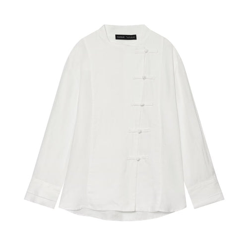 Damen Oversize Leinenbluse mit Stehkragen und chinesischen Knotenknöpfen Echo Archiv