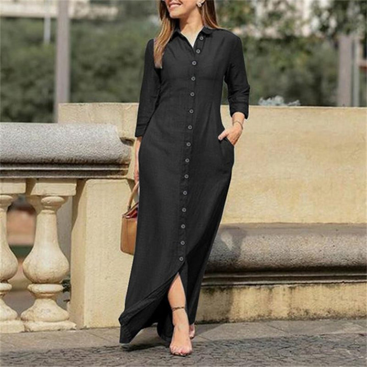 Damen Maxikleid Hemdblusenkleid mit durchgehender Knopfleiste, dreiviertelärmel und Seitentaschen – Avérine