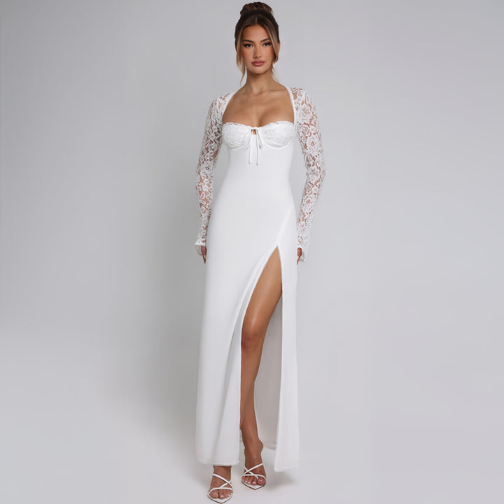Damen Elegante Maxikleid mit transparenter Spitzenoberfläche und seitlichem Schlitz Echo Archiv