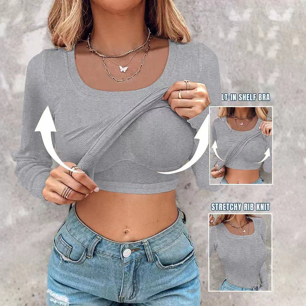 Damen Cropped Rippenstrick Langarmshirt mit integriertem Bustier Echoarchiv