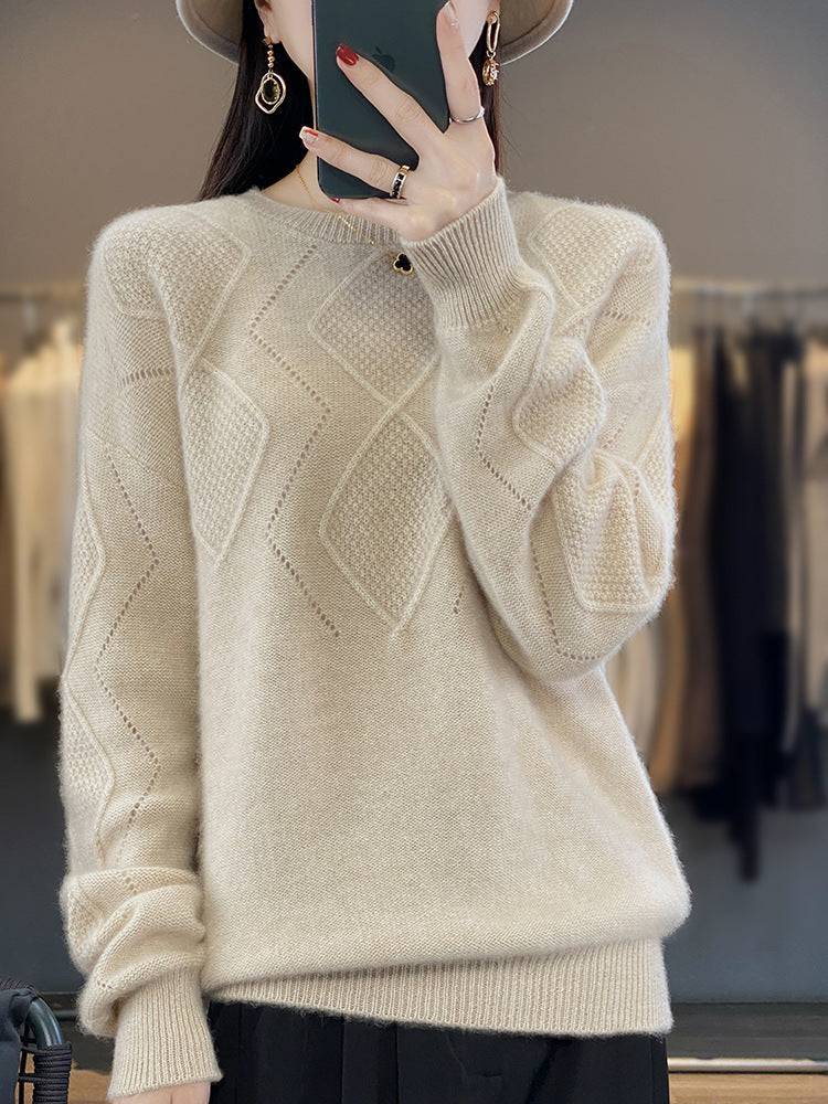 Damen Weicher Rautenmuster-Pullover im Mohair‑Look mit feiner Ajourstruktur und Rundhalsausschnitt Echoarchiv