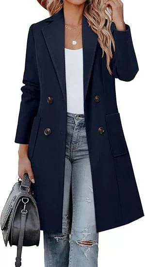 Damen Doppelreihiger Longblazer-Mantel mit aufgesetzten Taschen und taillierter Silhouette – Montévia