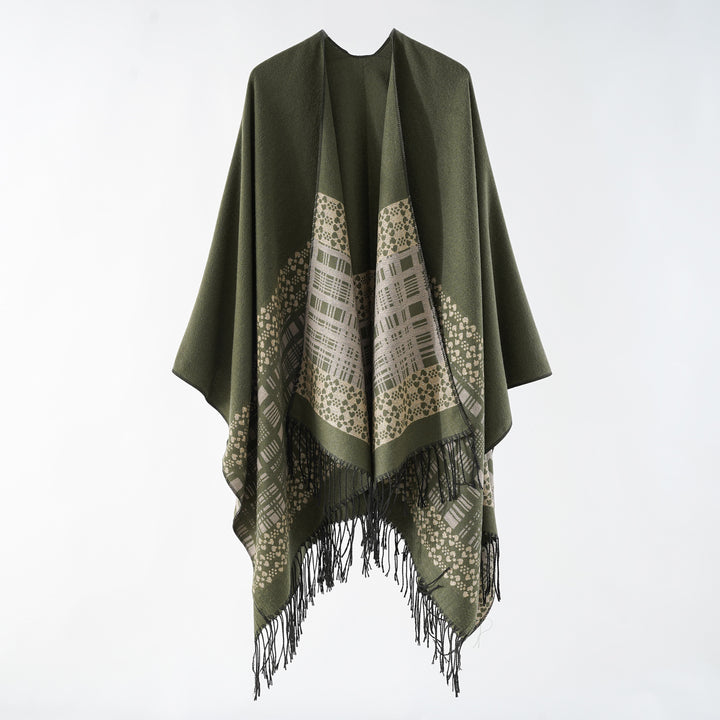 Damen Wollmix-Schulterponcho mit Jacquardmuster und Fransensaum Echo Archiv