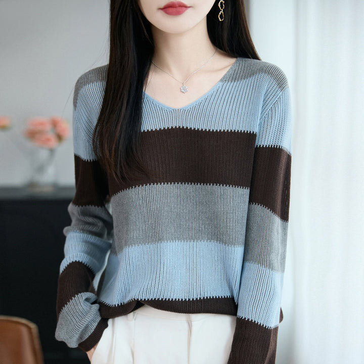 Damen Leichter V-Ausschnitt Feinstrickpullover mit breiten Blockstreifen und entspannter Passform Echoarchiv