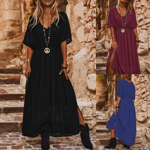 Damen Langes Boho‑Maxikleid mit V‑Ausschnitt, weiten Fledermausärmeln und hohem Beinschlitz Echoarchiv