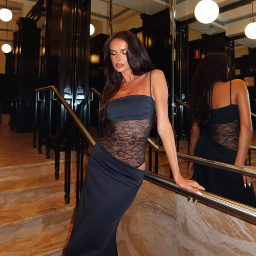 Damen elegantes Wickelmaxikleid mit transparenten Einsätzen und feinen Details Echo Archiv