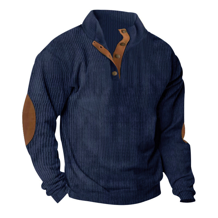Herren Waffelstrick-Henley-Pullover mit Stehkragen und Ellbogen-Patches Echoarchiv