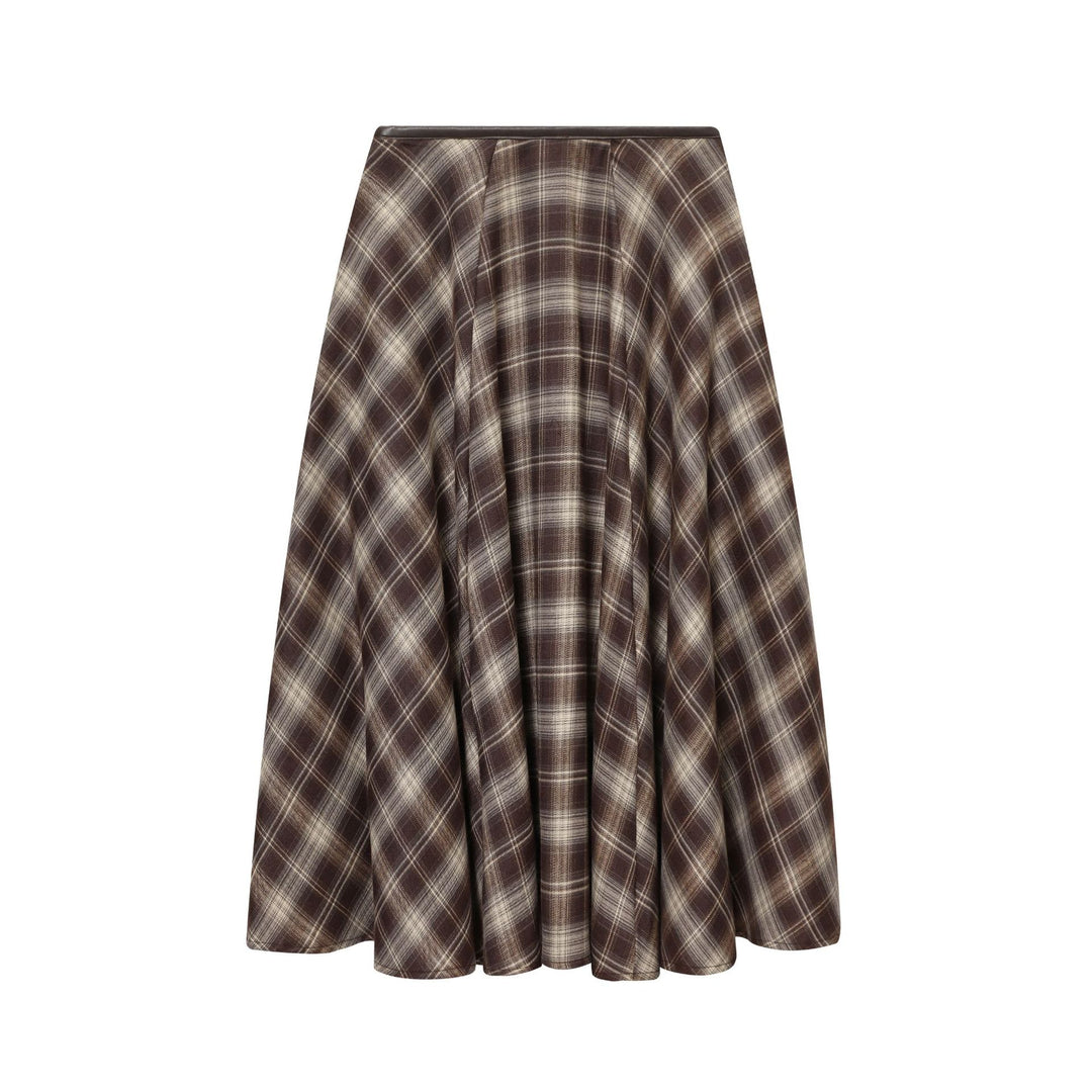 Damen nan ausgestellter Midirock mit Karomuster, hoher Taille und Lederimitatbund Echo Archiv