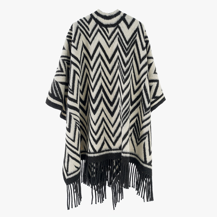 Damen Großer Fransenponcho im Oversize‑Cape mit geometrischem Zickzack‑Jacquard Echo Archiv