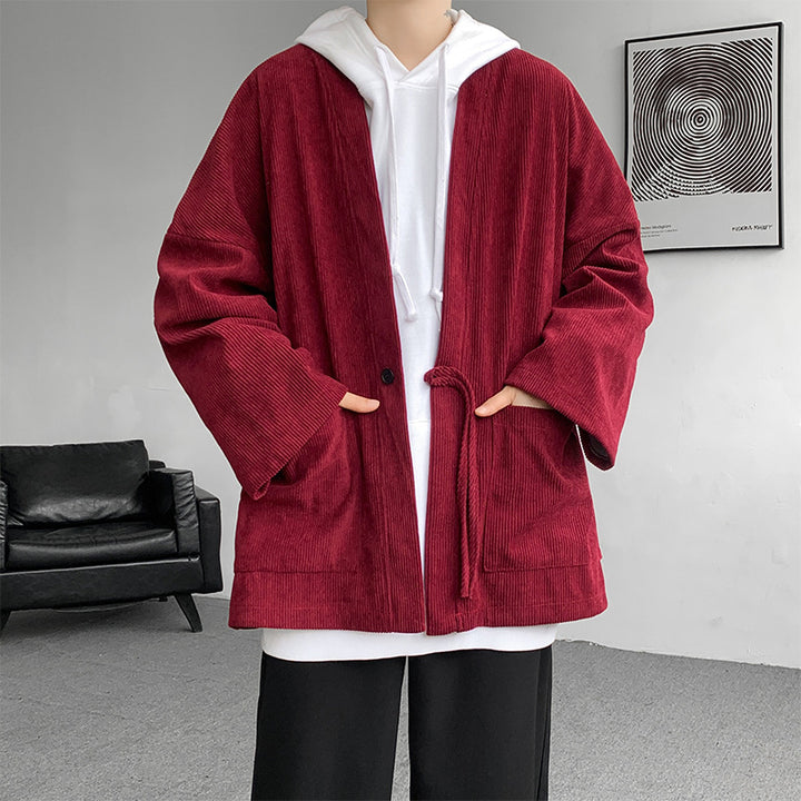 Herren nan oversized Cord-Kimono-Cardigan mit Kordelzug, aufgesetzten Taschen und Tropfenärmeln Echo Archiv