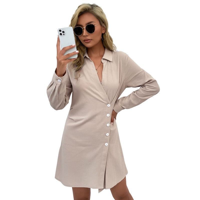 Damen Langarm-Wickel-Hemdblusenkleid aus Jersey mit asymmetrischer Knopfleiste Echoarchiv