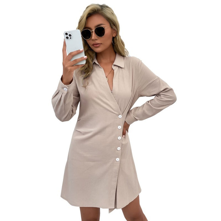 Damen Langarm-Wickel-Hemdblusenkleid aus Jersey mit asymmetrischer Knopfleiste Echoarchiv
