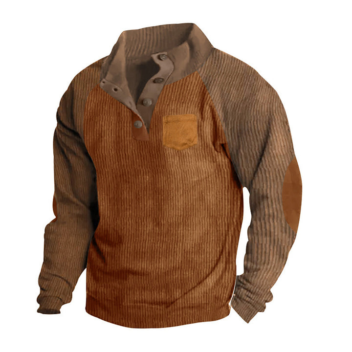 Herren Geripptes Henley‑Pullover mit Raglanärmeln, Ellenbogen‑Patches & Brusttasche – Cavarno