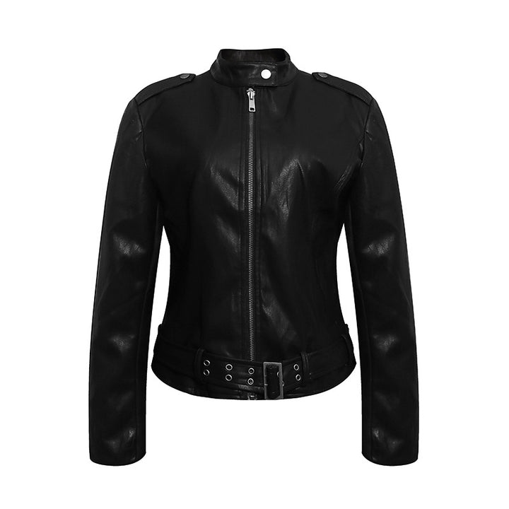 Damen Taillierte Lederoptik-Jacke mit Stehkragen, Schulterklappen und Taillengürtel Echoarchiv