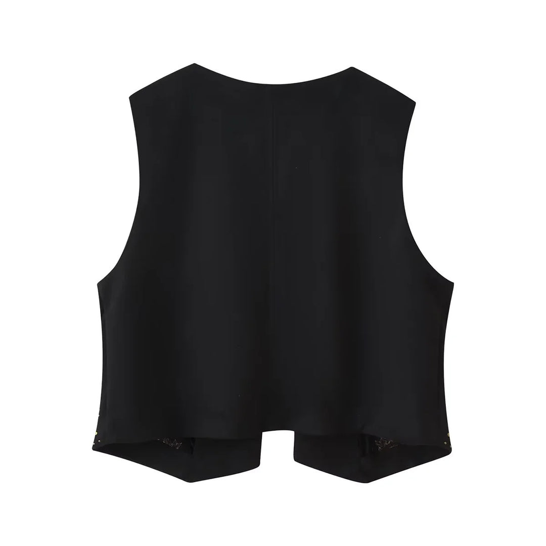 Damen bestickte taillierte Weste mit floraler Stickerei, Metallnieten und Bindeband – Célinea