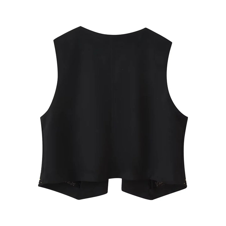Damen bestickte taillierte Weste mit floraler Stickerei, Metallnieten und Bindeband – Célinea
