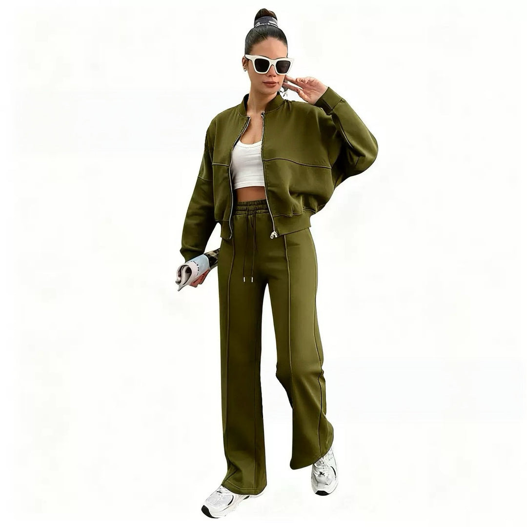 Damen nan kurz geschnittenes Blouson mit Reißverschluss und weiter High-Waist Jogginghose Set Echo Archiv